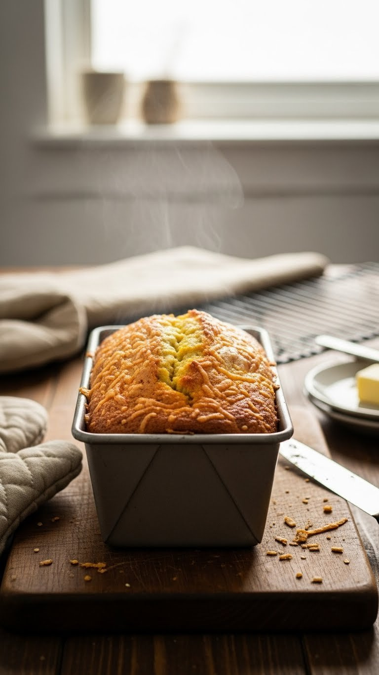 Freshly Baked Golden-Brown Savory Zucchini Cheddar Quick Bread Steaming In Loaf Pan Just Out Of Oven