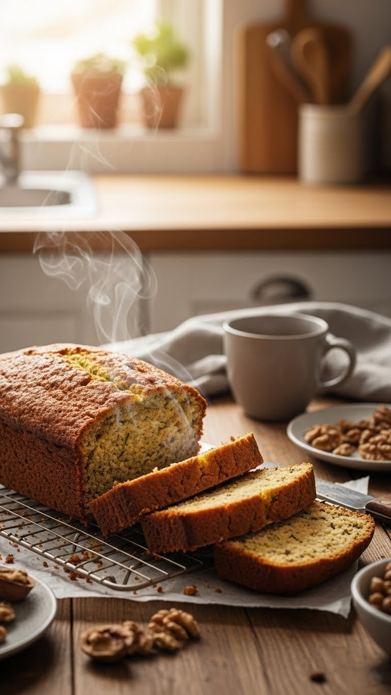 Freshly Baked Golden Brown Vegan Zucchini Bread Loaf Cooling On Wire Rack With Sliced Pieces Ready For Serving