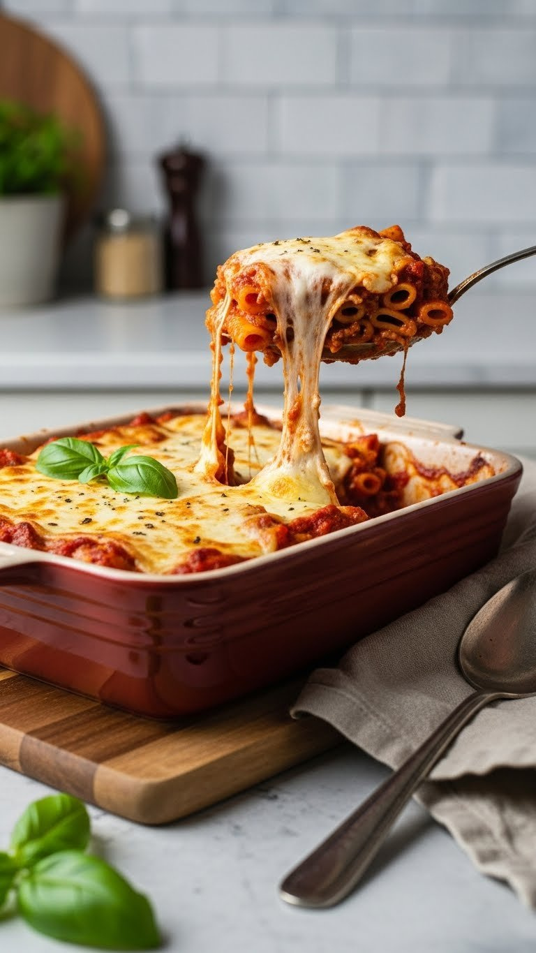 Freshly Baked Golden-Brown Ziti With Bubbling Mozzarella Cheese Stretching As Spoon Lifts Portion Revealing Pasta Layers.