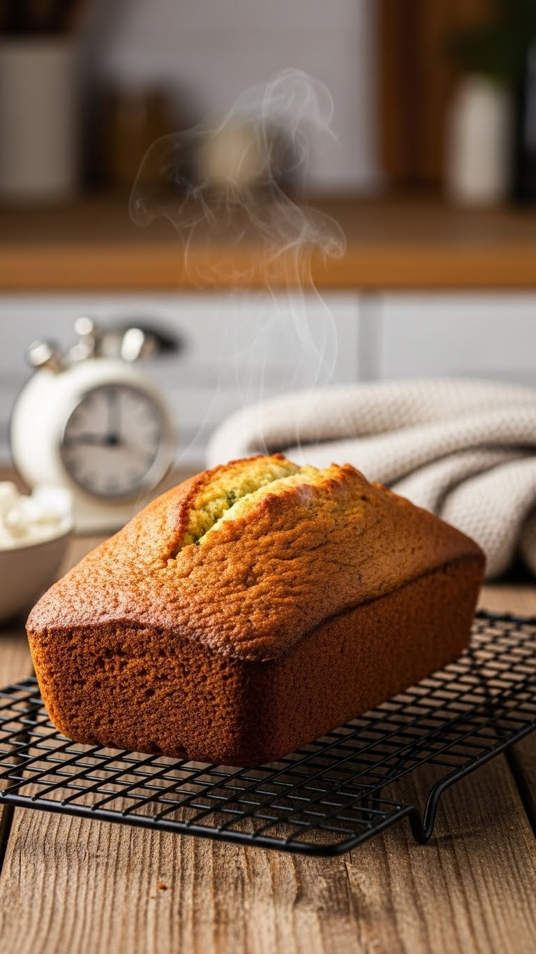 Freshly Baked Golden Brown Zucchini Bread Loaf Cooling On Wire Rack With Steam Rising From Warm Crust