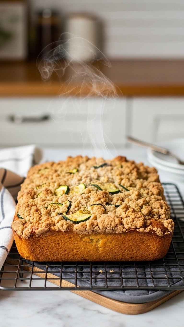 Freshly Baked Golden-Brown Zucchini Coffee Cake With Caramelized Streusel Topping Steaming From Oven