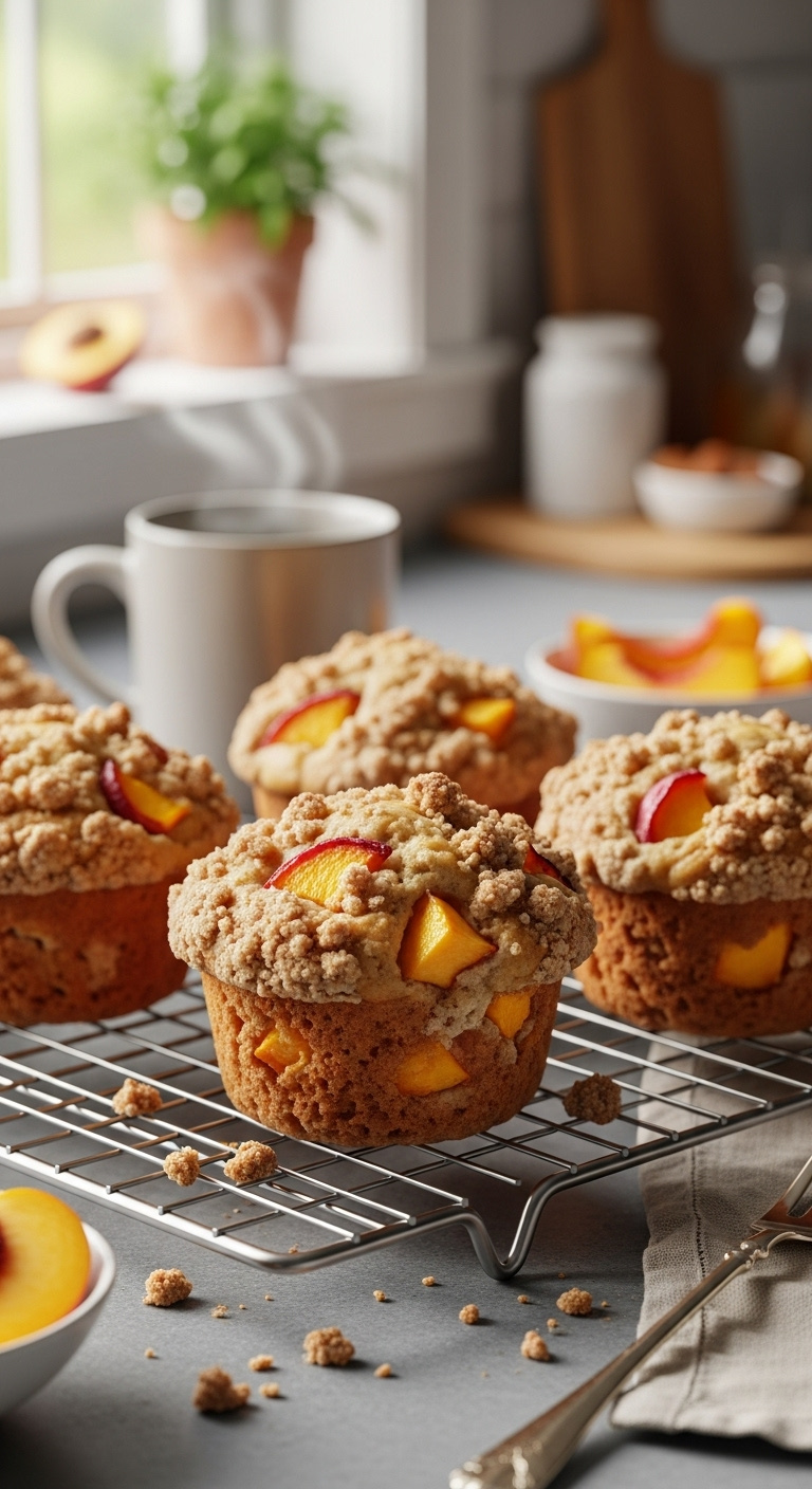 Freshly Baked Golden-Domed Peach Muffins With Streusel Topping And Visible Peach Chunks On Cooling Rack