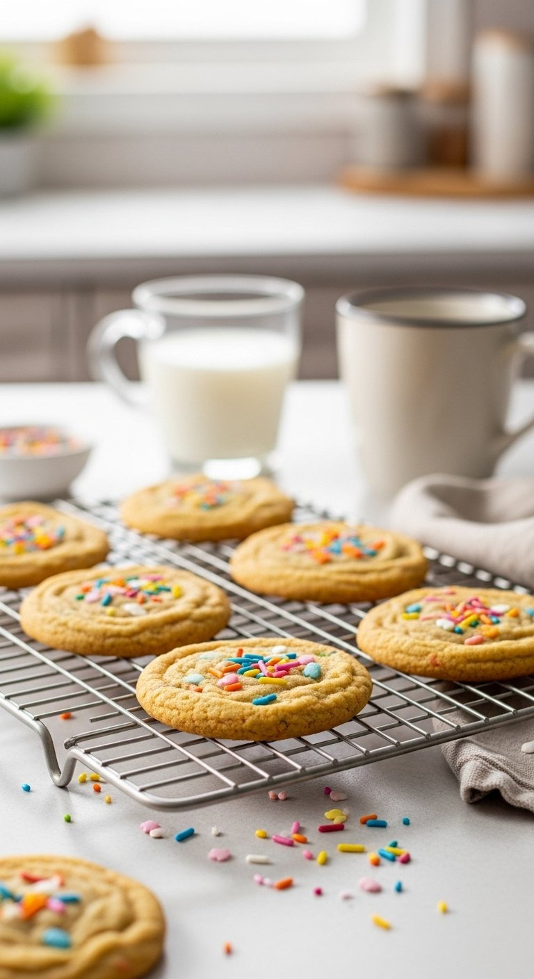 Freshly Baked Golden Funfetti Cookies Cooling On A Wire Rack In A Warm Kitchen.