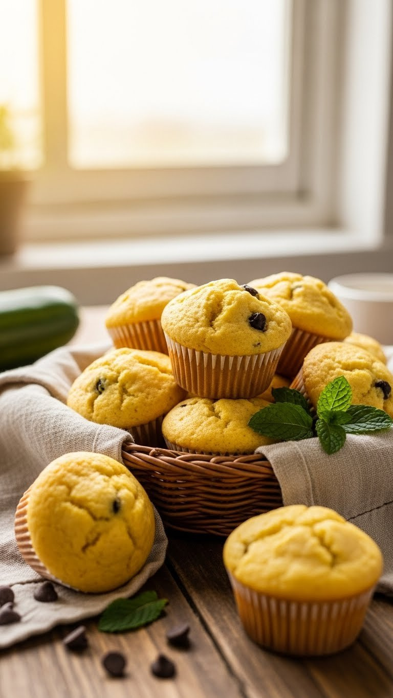 Freshly Baked Golden-Topped Yellow Zucchini Muffins With Chocolate Chips In Rustic Woven Basket
