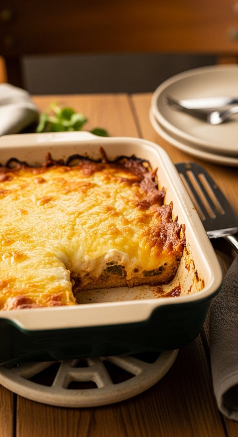 Freshly Baked Green Chili Chicken Enchilada Casserole With Bubbly Golden Melted Cheese Topping.