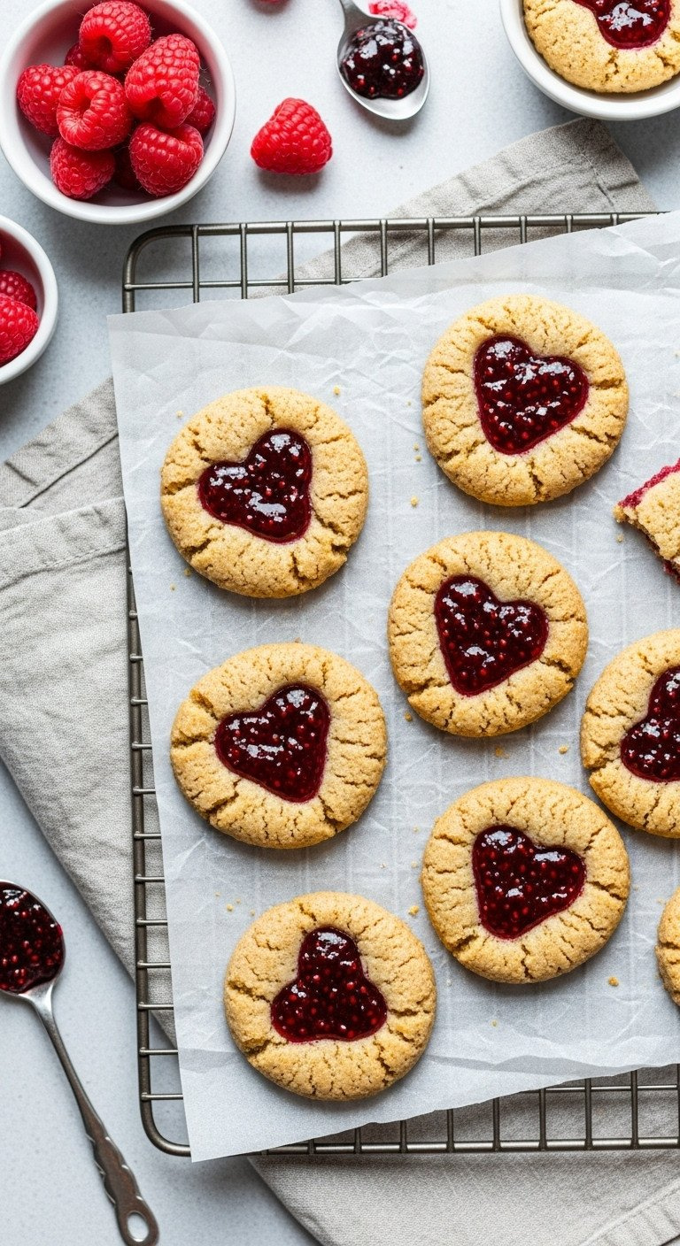 Freshly Baked Heart-Shaped Gluten-Free Raspberry Thumbprint Cookies, Vibrant Chia Jam Centers, On A Cooling Rack Over Parchment Paper.