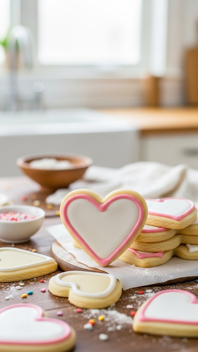 Freshly Baked Heart-Shaped Sugar Cookies With Delicate Pastel Pink And White Royal Icing Arranged On A Rustic Wooden Table