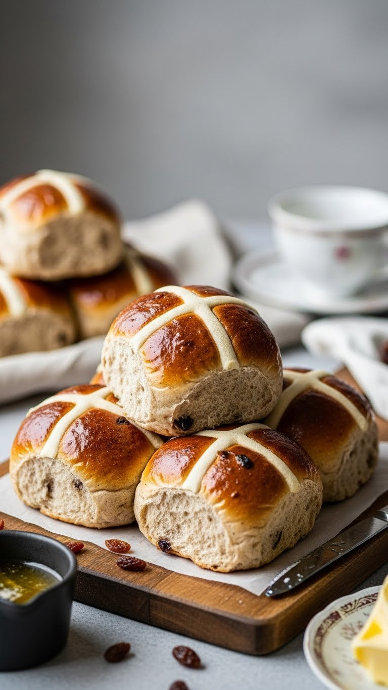 Freshly Baked Hot Cross Buns With White Flour Paste Crosses, Golden-Brown Glaze, And Melted Butter.