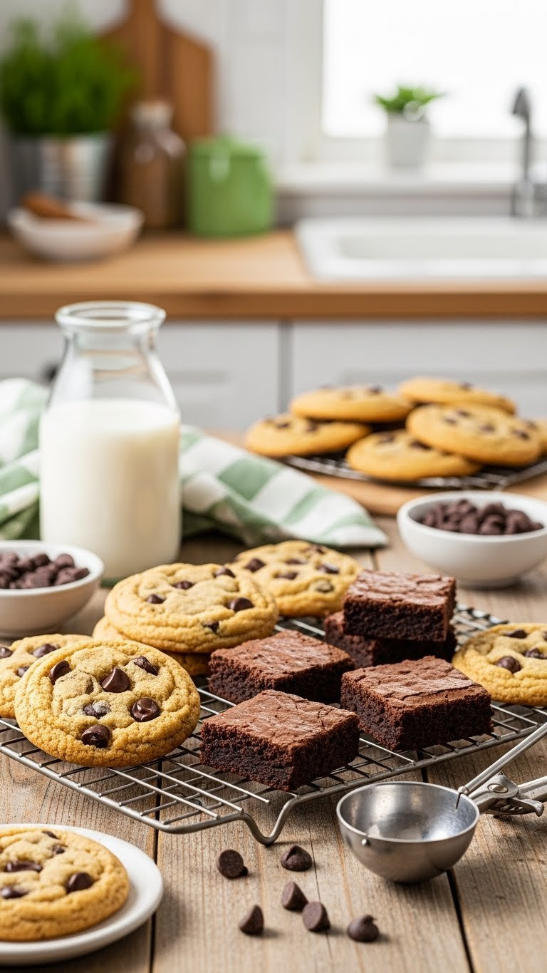 Freshly Baked Keto Chocolate Chip Cookies And Fudgy Brownies Arranged On Cooling Rack With Golden Edges