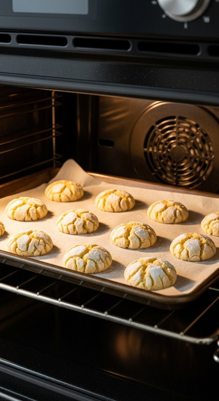 Freshly Baked Lemon Crinkle Cookies With Powdered Sugar Resting On A Metal Baking Sheet Inside An Oven.