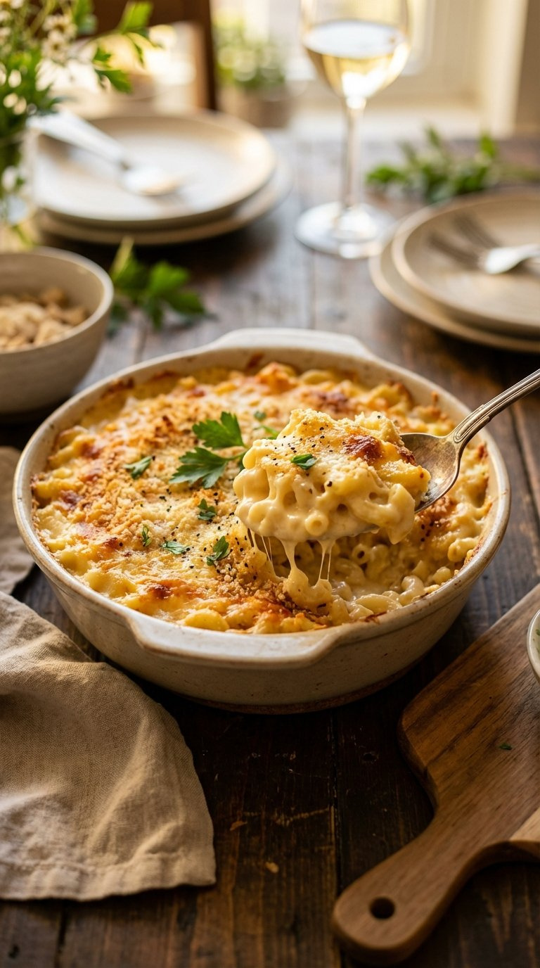 Freshly Baked Mac And Cheese Casserole With Golden Crust, Bubbly Surface, And Creamy Interior Spoonful Removed