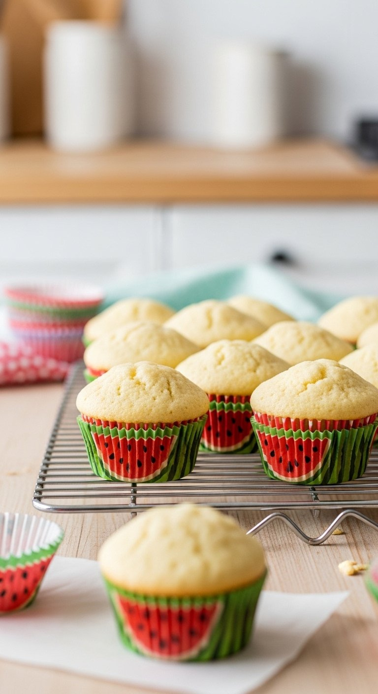 Freshly Baked Mini Cupcakes In Colorful Watermelon Liners Arranged On A Metal Cooling Rack.