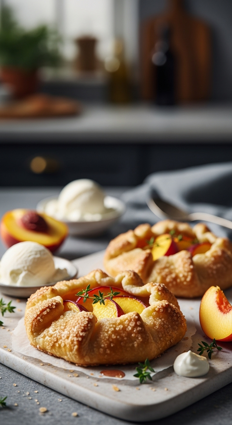 Freshly Baked Mini Peach Galettes With Flaky Crust And Juicy Filling On A Textured Serving Board