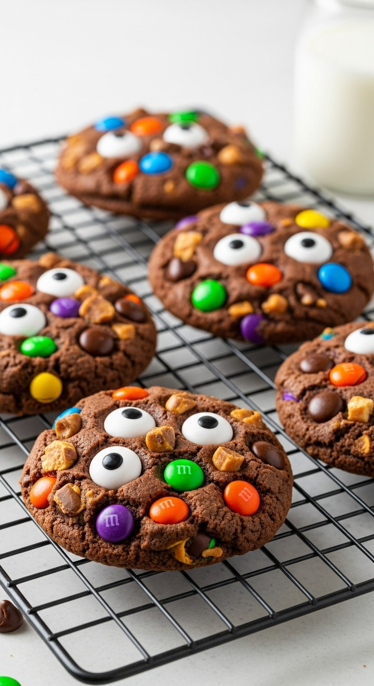 Freshly Baked Monster Cookies With Colorful M&Amp;Ms Chocolate Chips And Candy Eyeballs On A Cooling Rack For Halloween Fun