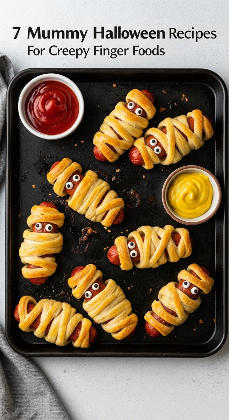 Freshly Baked Mummy Hot Dogs With Crescent Dough Bandages And Candy Googly Eyes On A Black Baking Sheet With Dipping Sauces