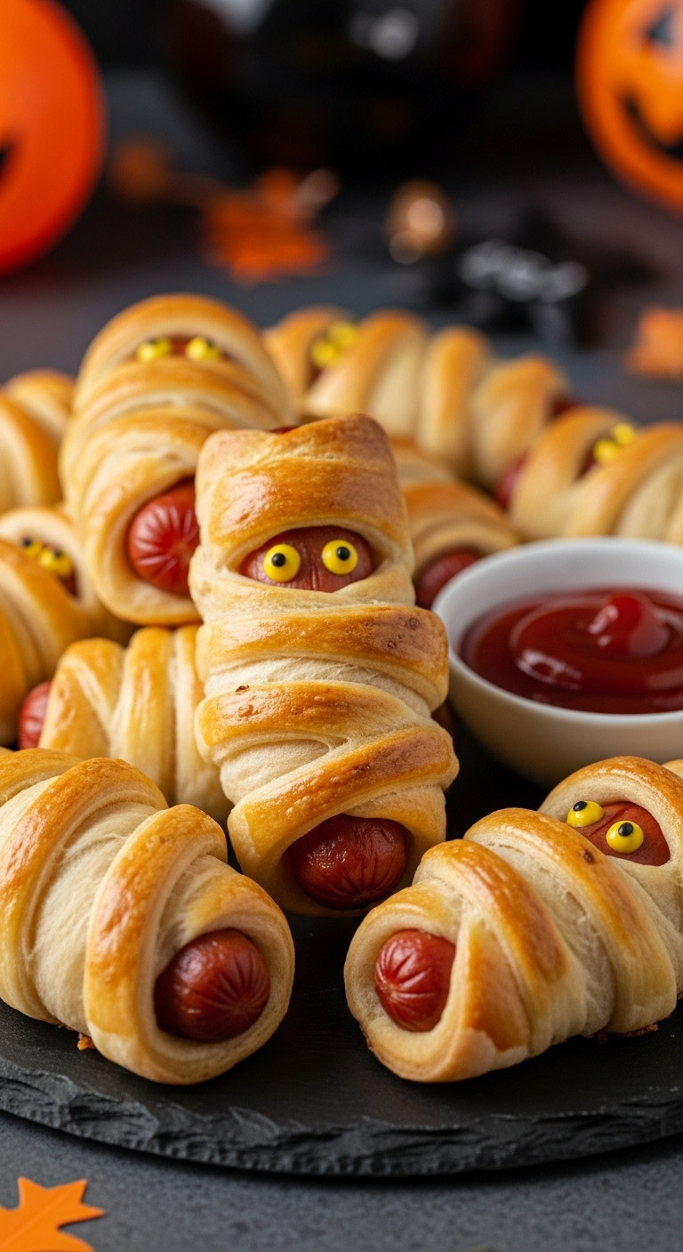Freshly Baked Mummy Hot Dogs With Mustard Eyes On A Dark Slate Platter With A Blurred Halloween Party Background For A Crowd