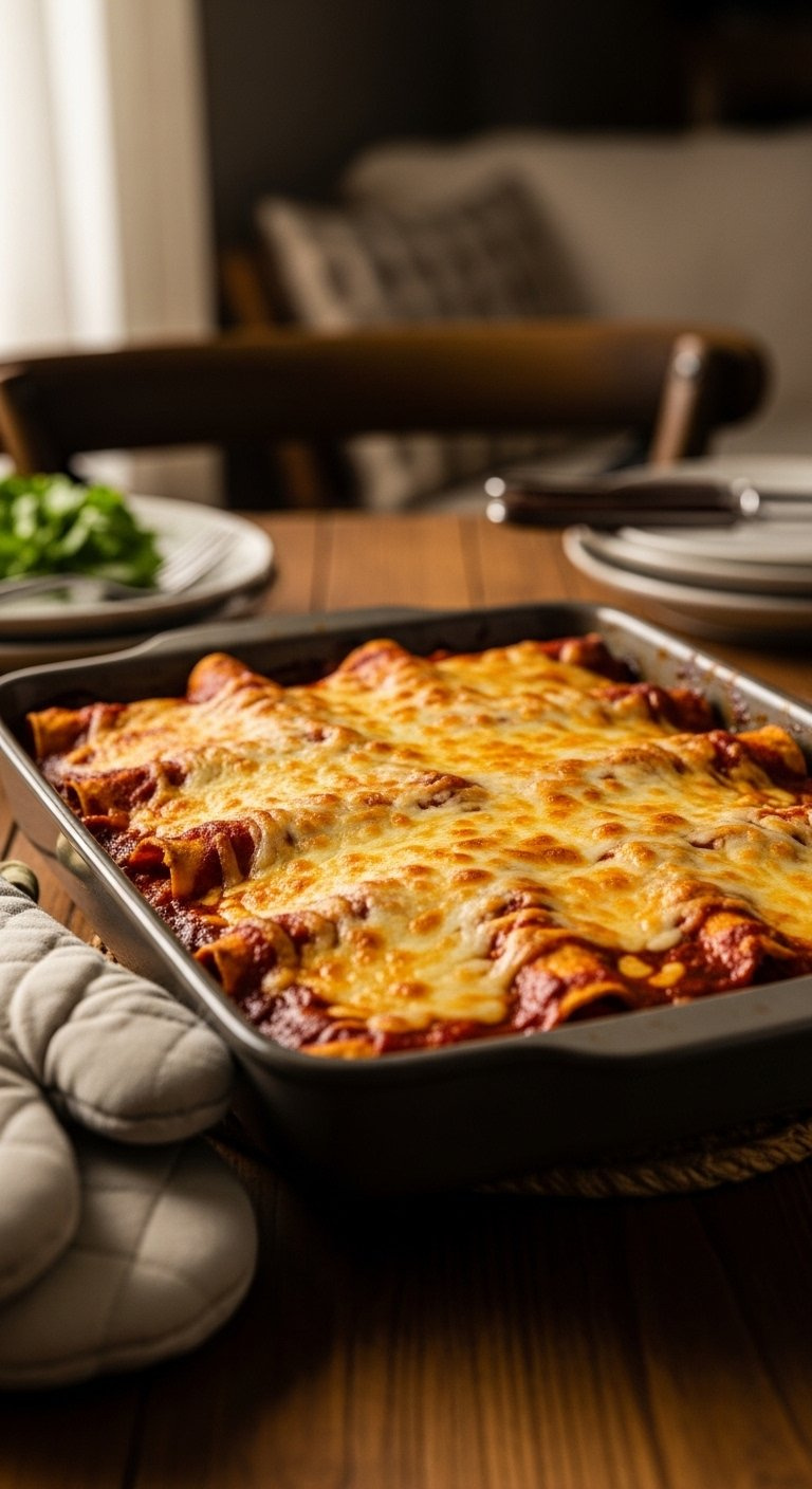 Freshly Baked Pan Of Chicken Enchiladas Smothered In Melted Golden Cheese And Red Sauce.