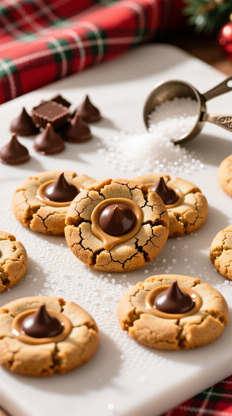 Freshly Baked Peanut Butter Blossoms With Chocolate Kisses, Arranged On A White Surface With Holiday Textile Background.
