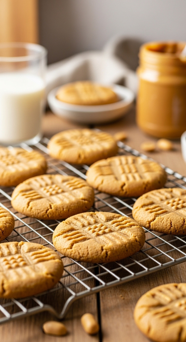 Freshly Baked Peanut Butter Cookies With Classic Crosshatch Pattern On A Cooling Rack, Golden-Brown And Chewy, Warm Afternoon Light.