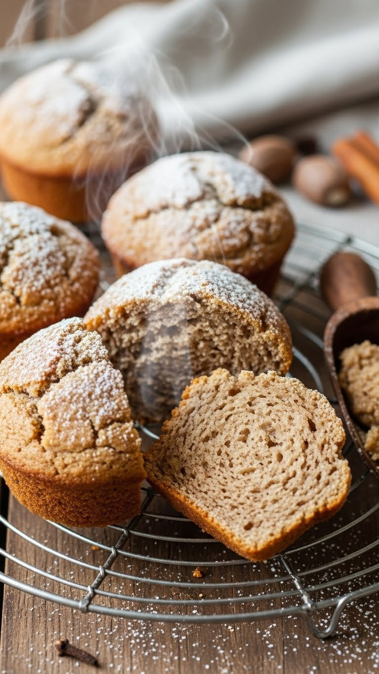 Freshly Baked, Perfectly Domed Spice Muffins On A Cooling Rack, A Torn Half Revealing Moist Crumb With Steam.