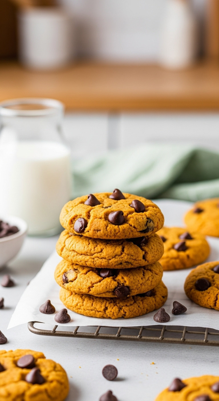 Freshly Baked Pumpkin Chocolate Chip Cookies On A Cooling Rack With Milk In A Bright Kitchen