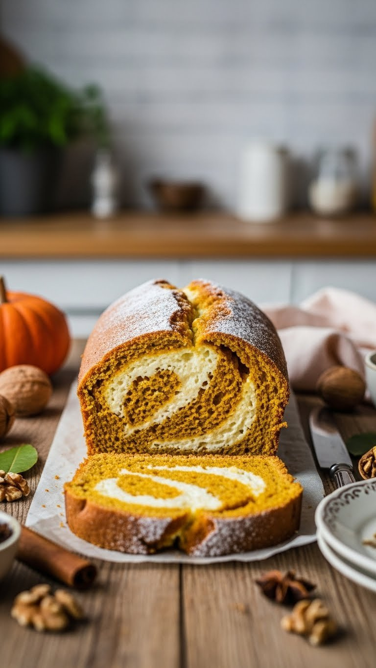 Freshly Baked Pumpkin Cream Cheese Swirl Bread Loaf With Powdered Sugar Dusting On Rustic Kitchen Background