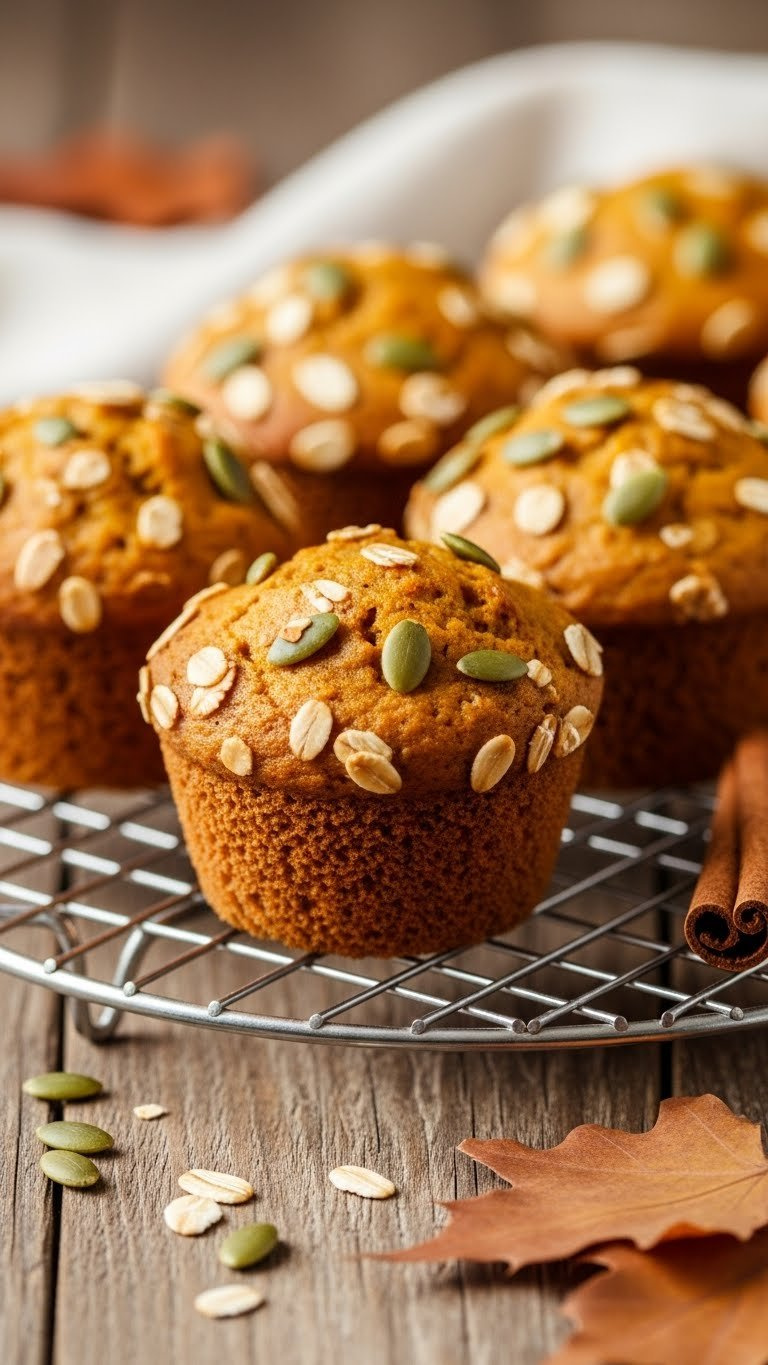 Freshly Baked Pumpkin Muffin Studded With Seeds And Oats On Cooling Rack With Autumn Baking Ingredients
