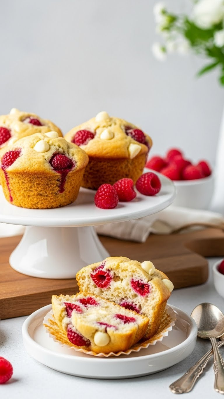 Freshly Baked Raspberry White Chocolate Muffins, Vibrant Red Raspberries, Creamy Chocolate Chunks, Moist Golden Crumb. White Platter, Natural Light.