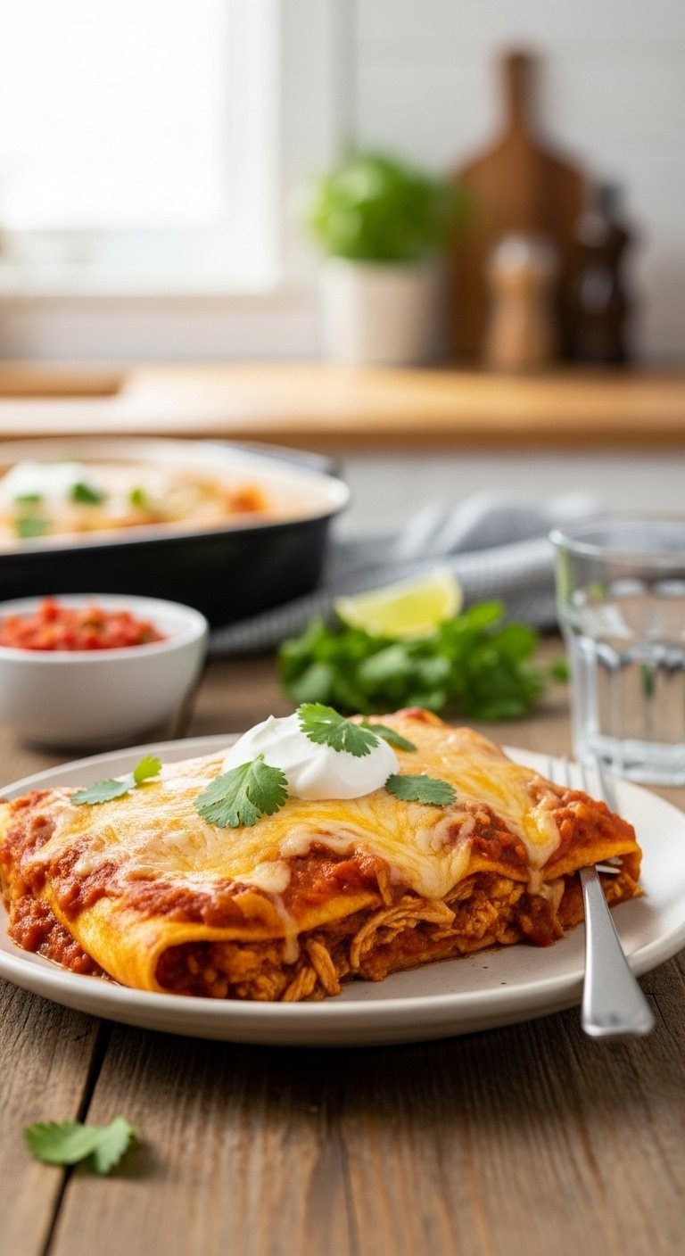 Freshly Baked Rotisserie Queso Chicken Enchiladas Garnished With Cilantro And Sour Cream.