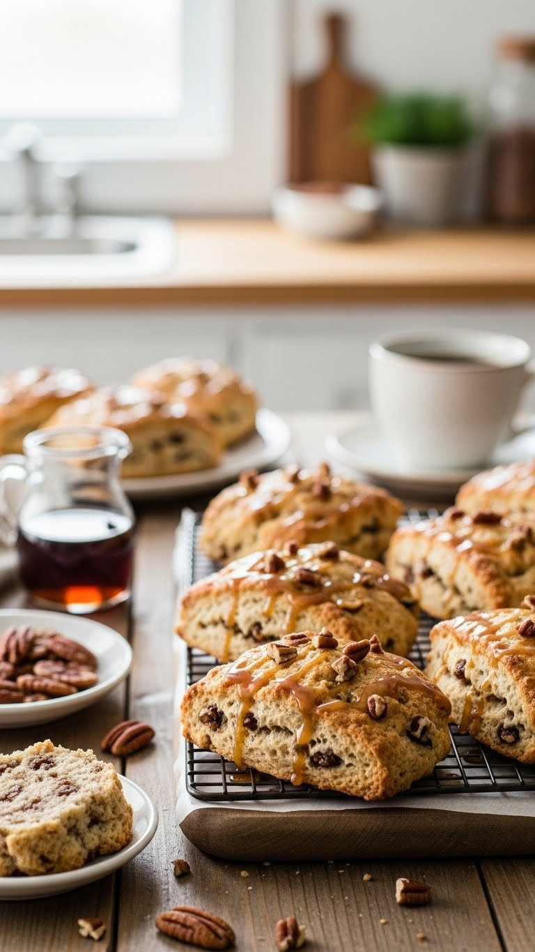 Freshly Baked Rustic Maple Pecan Scones With Flaky Exterior And Maple Glaze Drizzle On Wooden Board