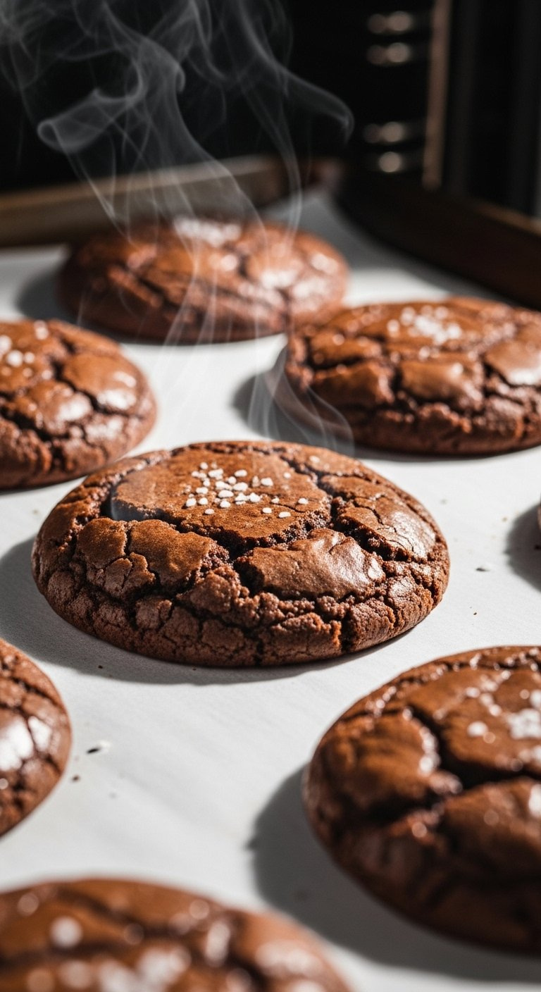 Freshly Baked Salted Brownie Cookies With Shiny Crackled Tops Resting On A Parchment Lined Baking Sheet.