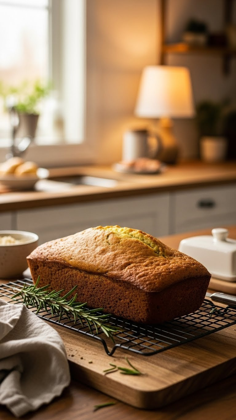 Freshly Baked Savory Zucchini Bread Loaf Cooling On Wire Rack With Rosemary Sprigs On Wooden Cutting Board.