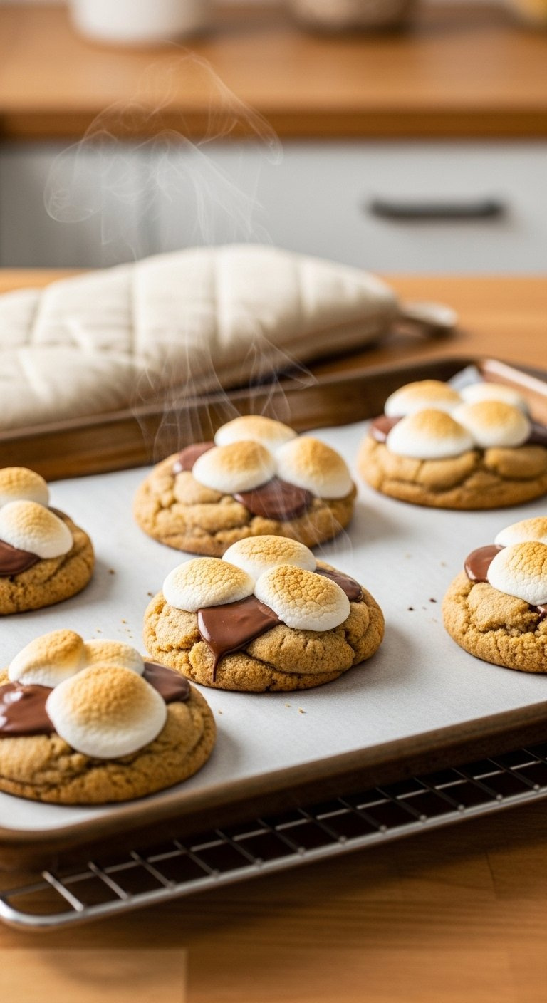 Freshly Baked S'mores Cookies With Melted Chocolate And Toasted Marshmallows On A Wire Cooling Rack.