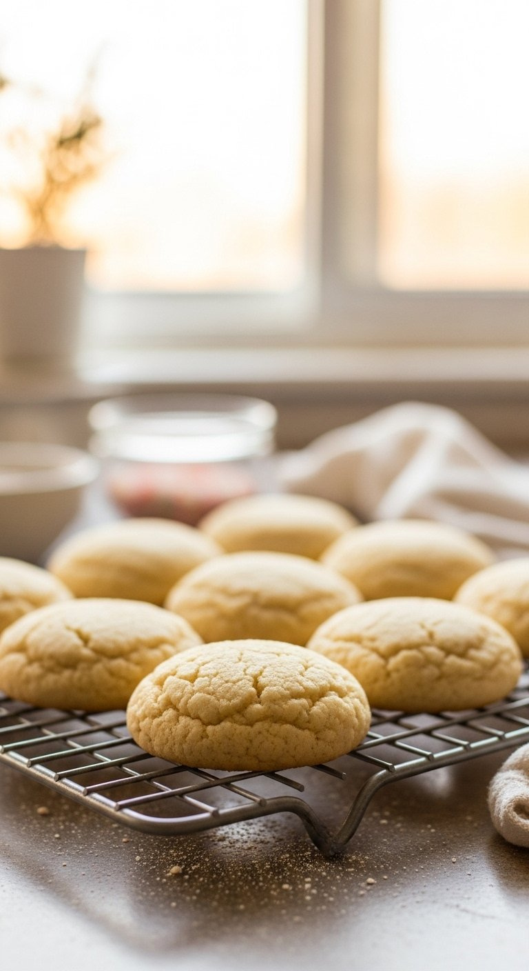 Freshly Baked Soft Sugar Cookies Cooling On A Wire Rack With Golden Natural Lighting.