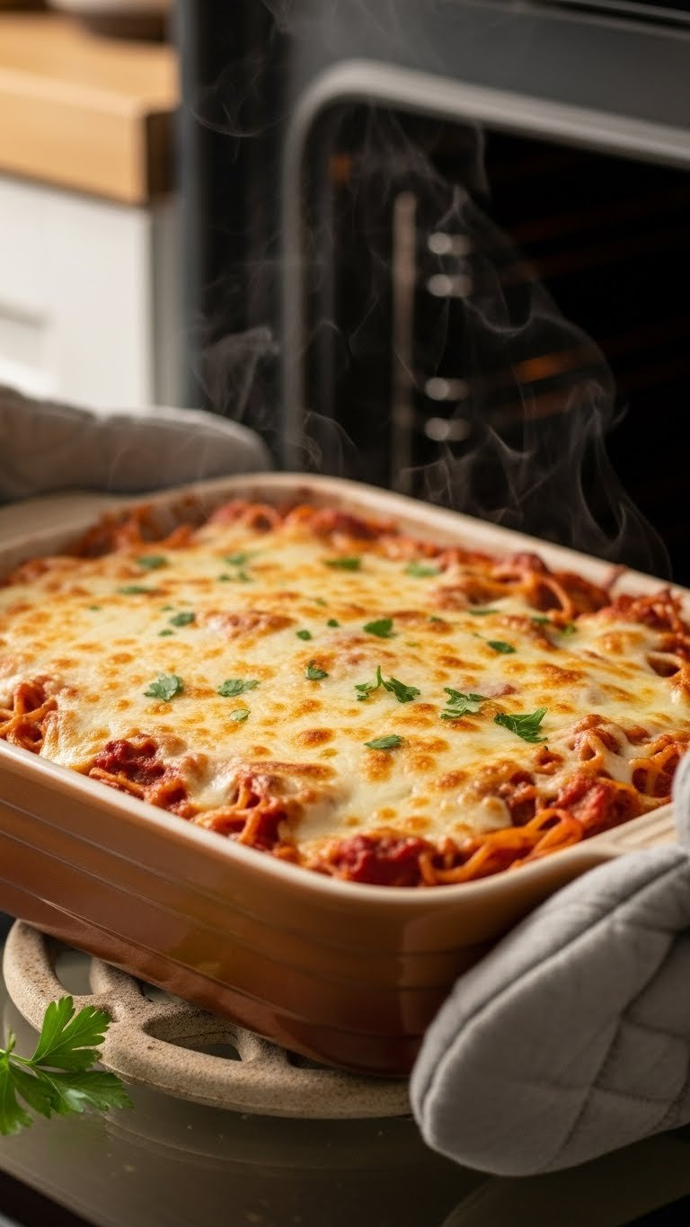 Freshly Baked Spaghetti Casserole With Golden Brown Bubbly Cheese Crust And Steam Rising From Oven Dish.