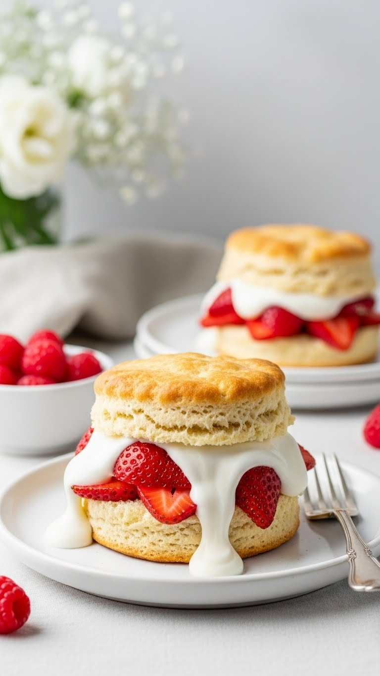Freshly Baked Strawberry Shortcake With Golden Biscuits, Sliced Strawberries, And Homemade Whipped Cream On A White Plate.