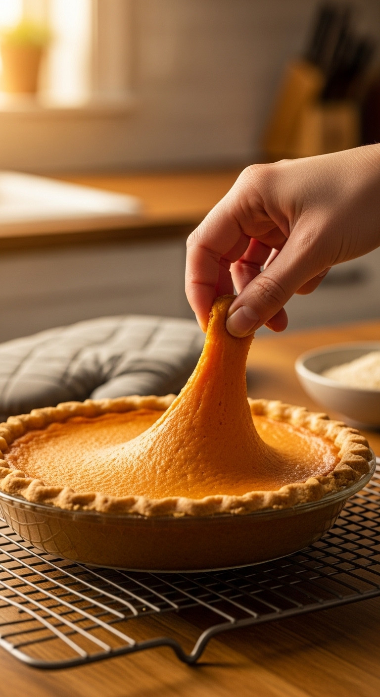 Freshly Baked Sweet Potato Pie Undergoing The 'Jiggle Test' On A Wire Cooling Rack, Indicating Perfect Doneness.