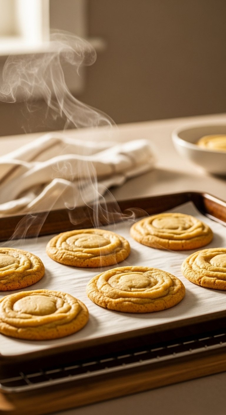 Freshly Baked Thick Golden-Brown Cookies With Puffed Centers Cool On A Wire Rack With Gentle Steam Rising.