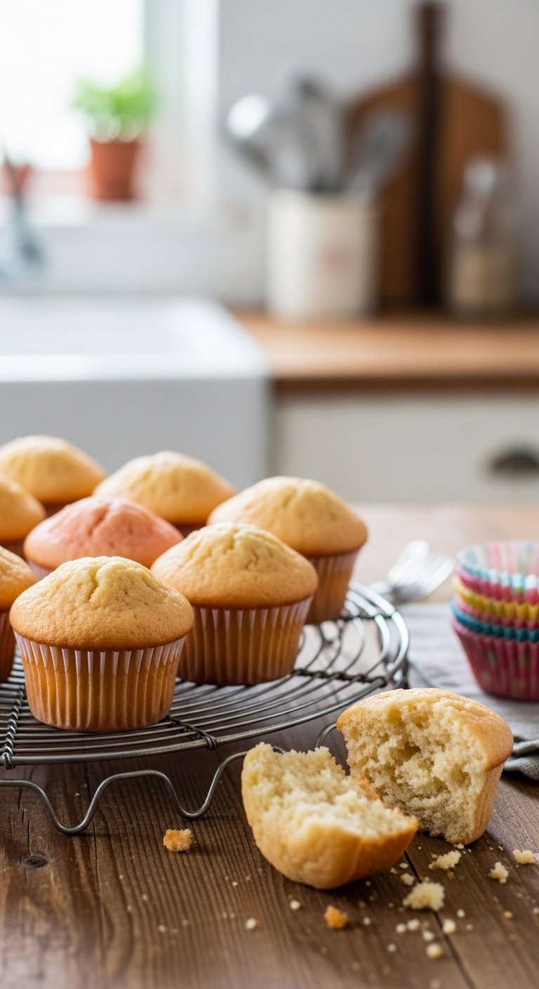 Freshly Baked Vanilla Cupcakes Cooling On A Vintage Wire Rack Over A Rustic Wooden Table.