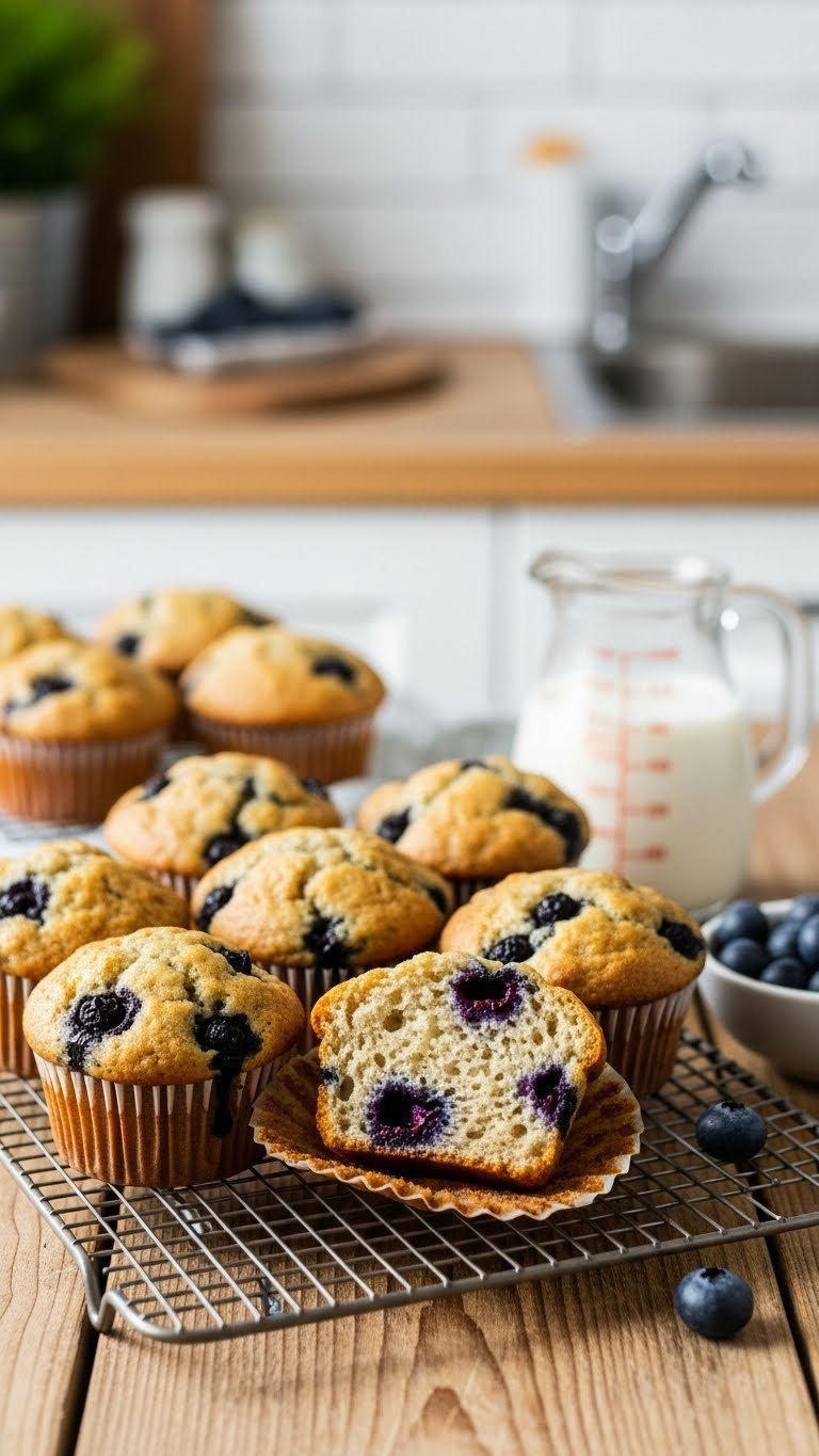 Freshly Baked Vegan Blueberry Muffins, Cut Open To Show Moist Crumb, On A Wire Cooling Rack. Blueberries &Amp; Plant Milk.