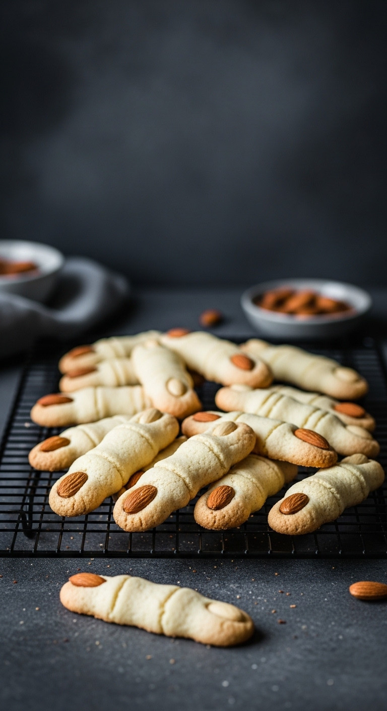 Freshly Baked Witch Finger Cookies With Toasted Almond Nails On A Black Wire Cooling Rack On A Dark Surface.