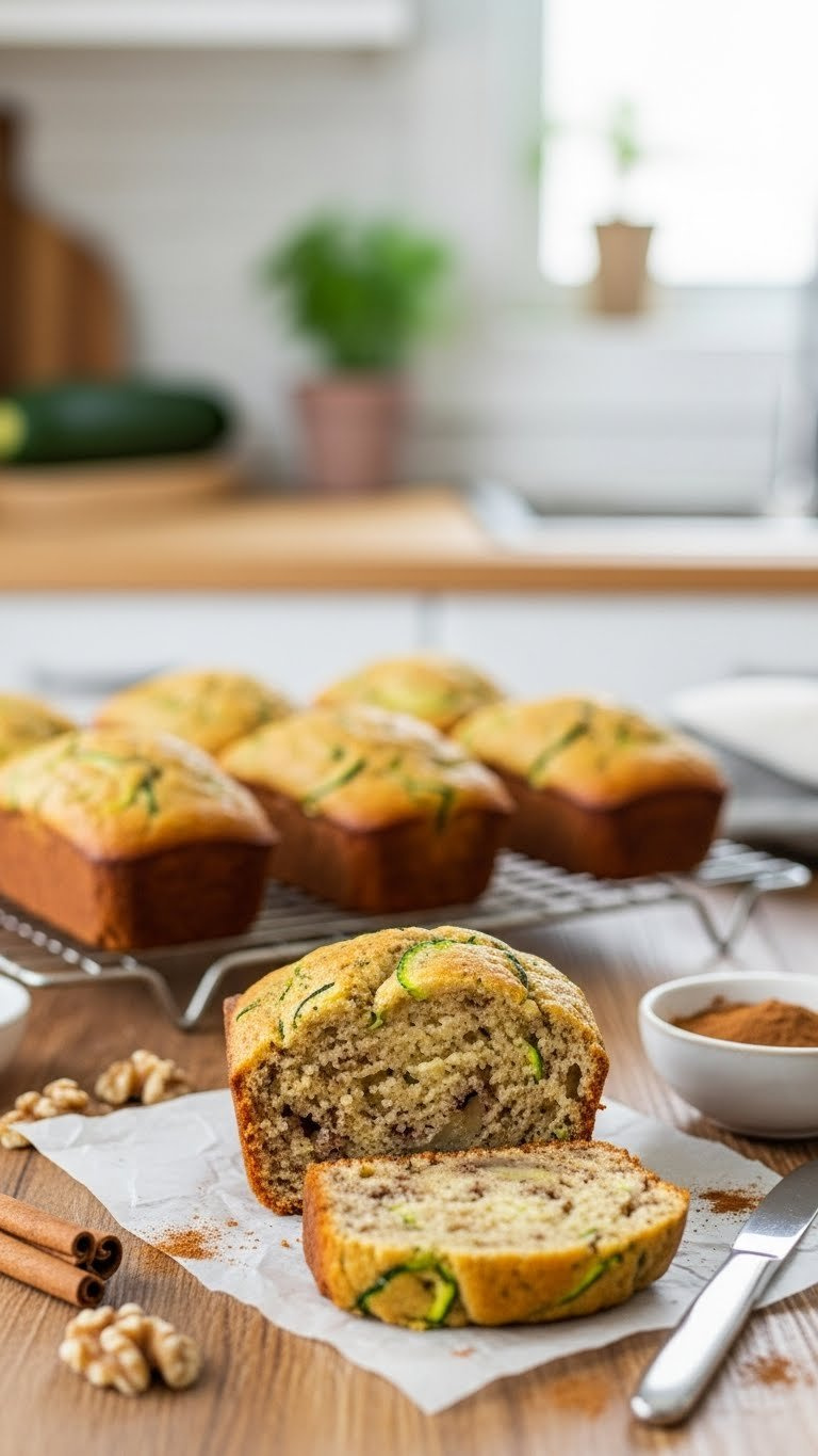 Freshly Baked Zucchini Bread Mini Loaf Sliced Open Revealing Moist Crumb With Grated Zucchini And Cinnamon On Rustic Wooden Table