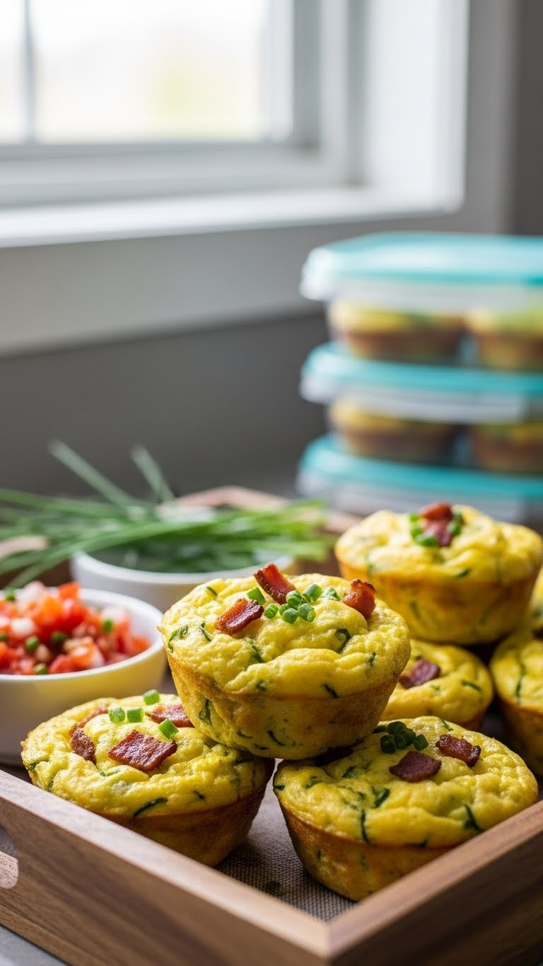 Freshly Baked Zucchini Egg Muffins With Green Zucchini Bits On Rustic Wooden Tray