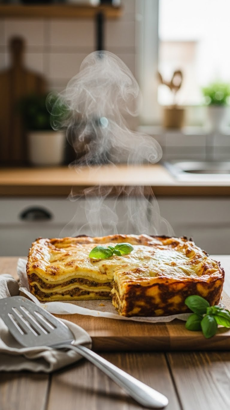 Freshly Baked Zucchini Lasagna Resting On A Wooden Board With Subtle Steam Rising From The Golden Surface