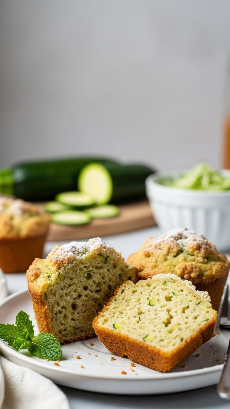 Freshly Baked Zucchini Muffin Sliced Open Revealing Moist Interior With Green Flecks On Ceramic Plate
