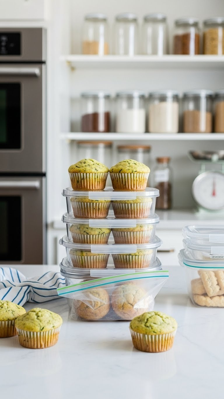 Freshly Baked Zucchini Muffins Neatly Arranged In Transparent Airtight Container For Organized Storage And Preservation.