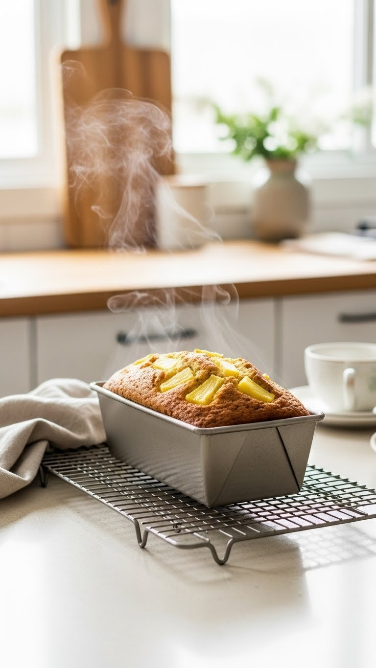 Freshly Baked Zucchini Pineapple Bread Loaf In Pan Cooling On Wire Rack With Steam Rising