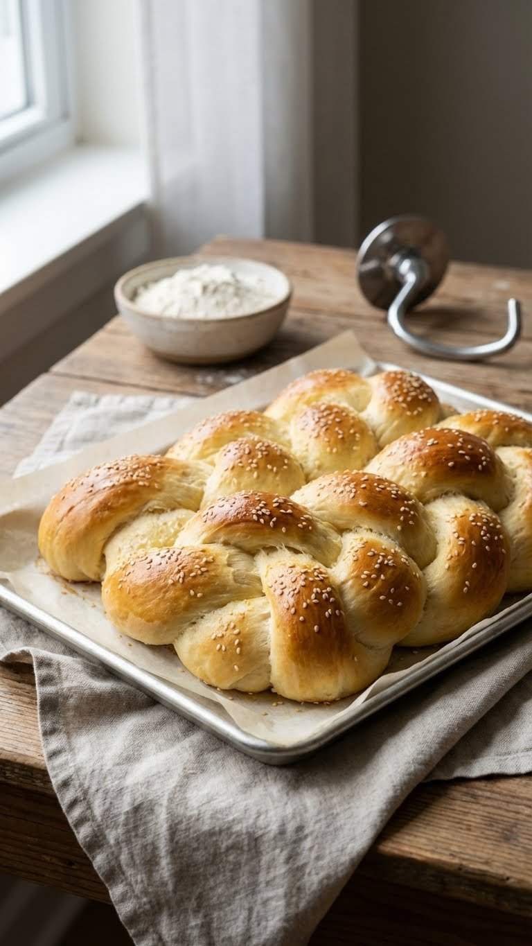 Freshly Braided Golden-Brown Challah Bread On Parchment, Showing Intricate Structure. Homey Kitchen, Flour, Natural Light.