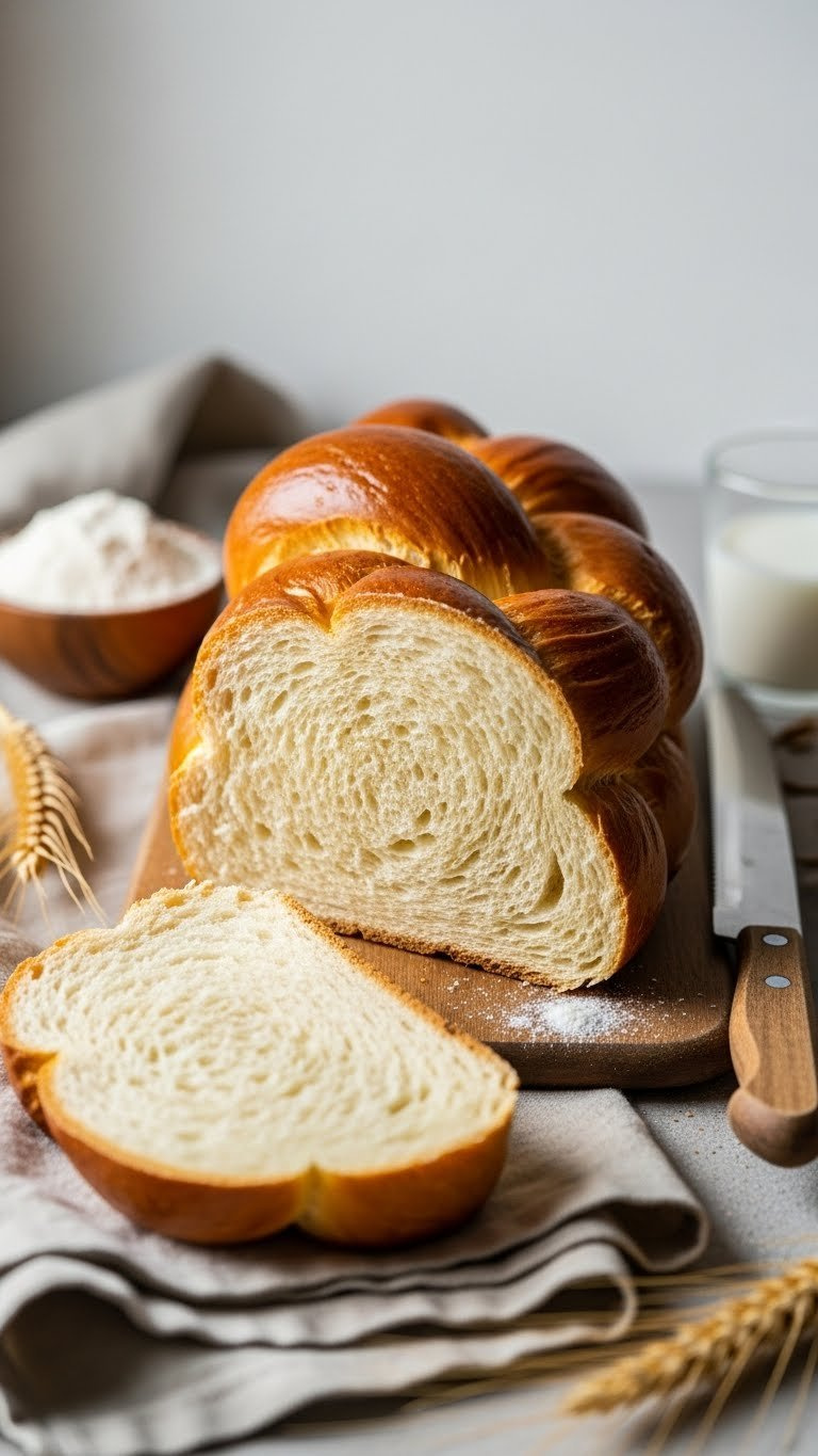 Freshly Braided Golden-Brown Challah Bread, Sliced To Show Fluffy Interior, On A Wooden Cutting Board.