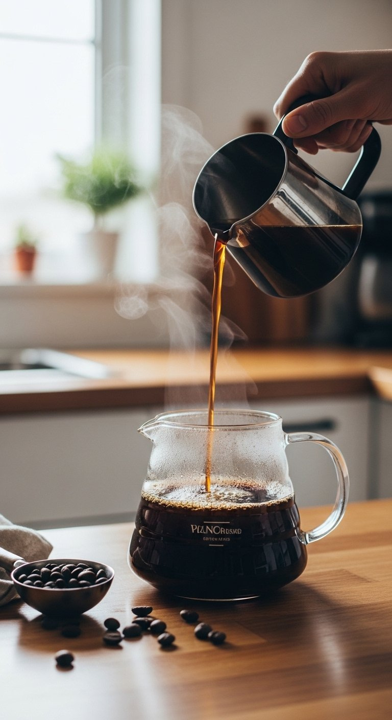 Freshly Brewed Dark Coffee Dripping Into A Clear Glass Carafe On A Minimalist Wooden Countertop.